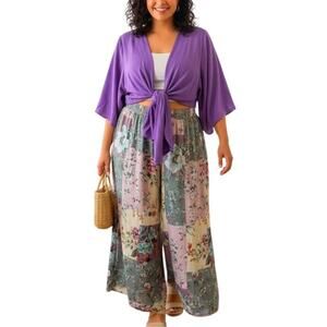 NEW Women's Plus 2 Piece V-Neck Twist Crop Top, Floral Pleated Wide Leg Pant XXL